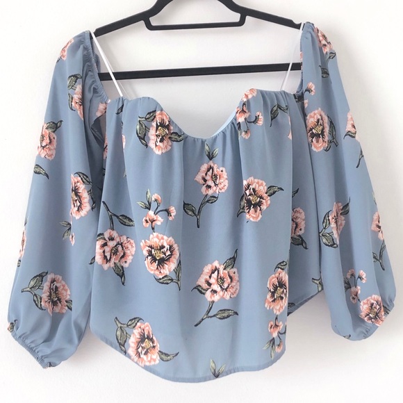 Dee Elly Tops - Blue Floral Sheer Blouse